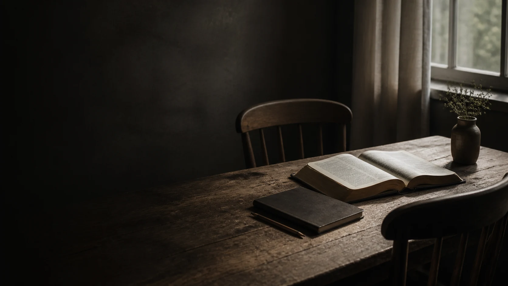 An open Bible and journal waiting between two empty chairs in a quiet counseling room
