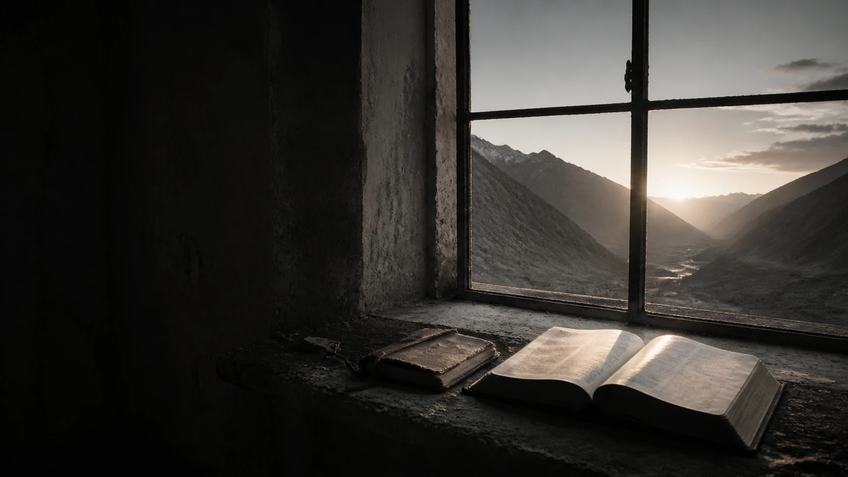 An open Bible and battered field journal on a dark windowsill overlooking a mountain valley at first light