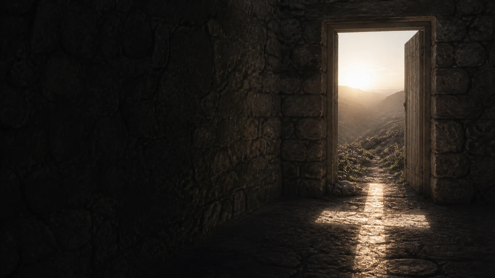 An open stone doorway leading from darkness into a mountain valley at dawn