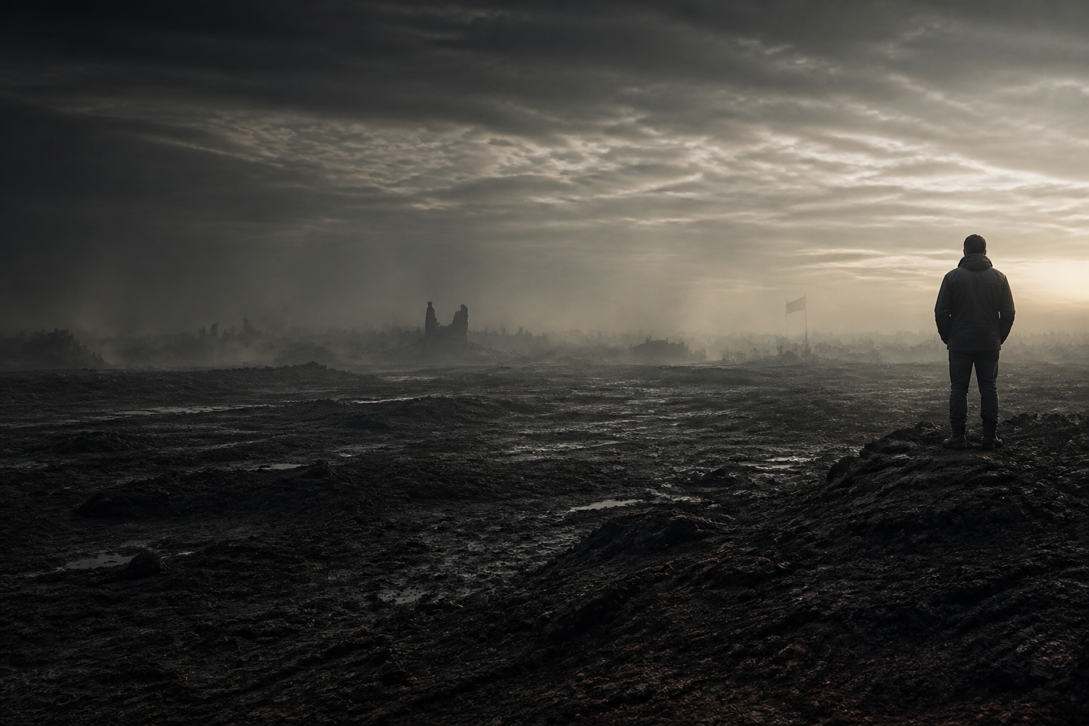 A lone witness facing dawn across a scarred battlefield