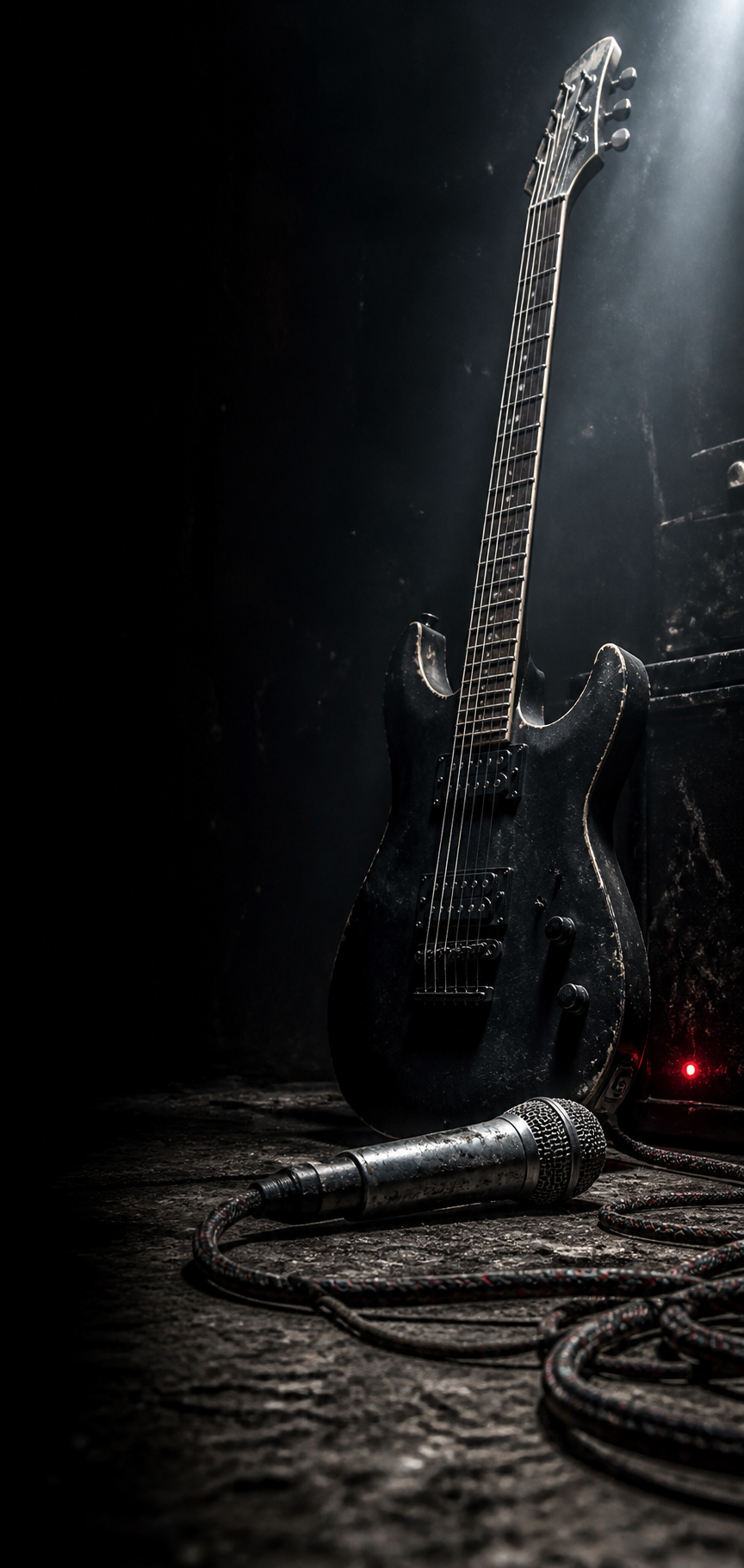 Weathered electric guitar and microphone under a stage light