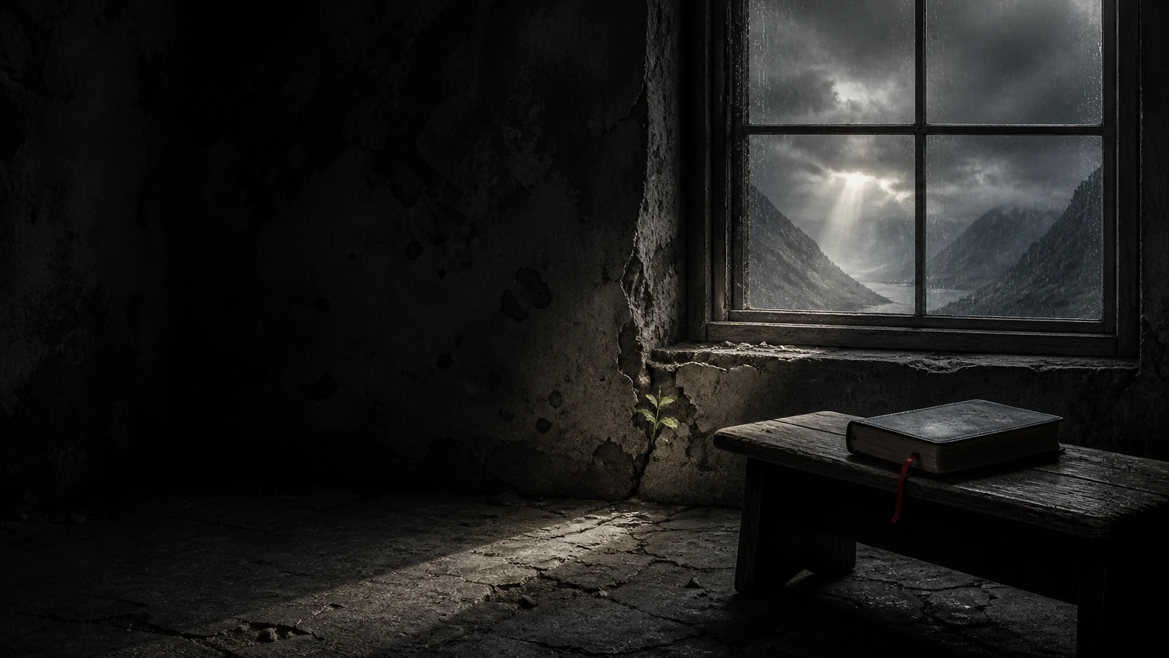 A closed Bible on an empty bench in a storm-worn room as light breaks over the valley outside