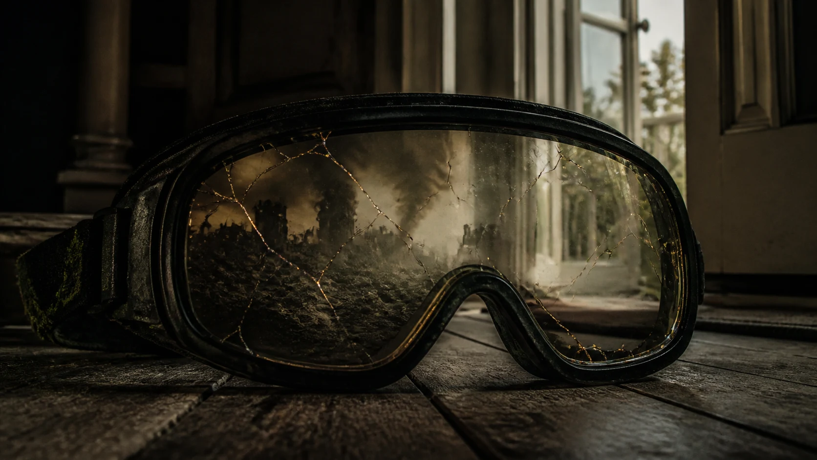 Cracked protective goggles holding the reflection of ruins beside the light of home