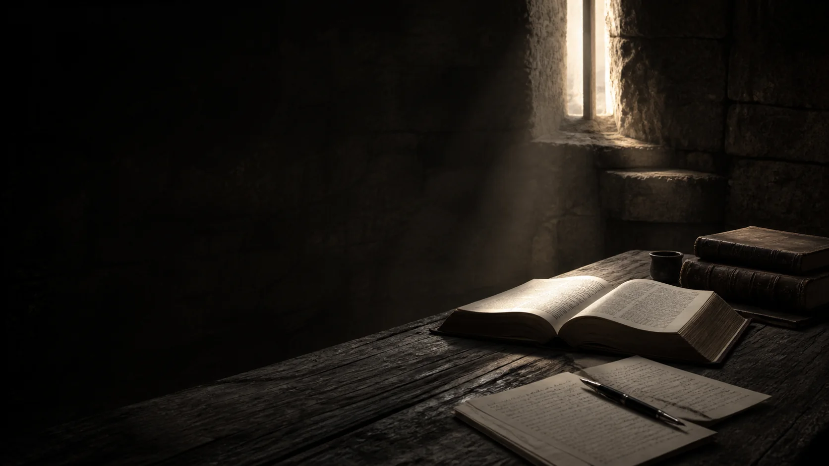An open Bible and study notes illuminated in a quiet room