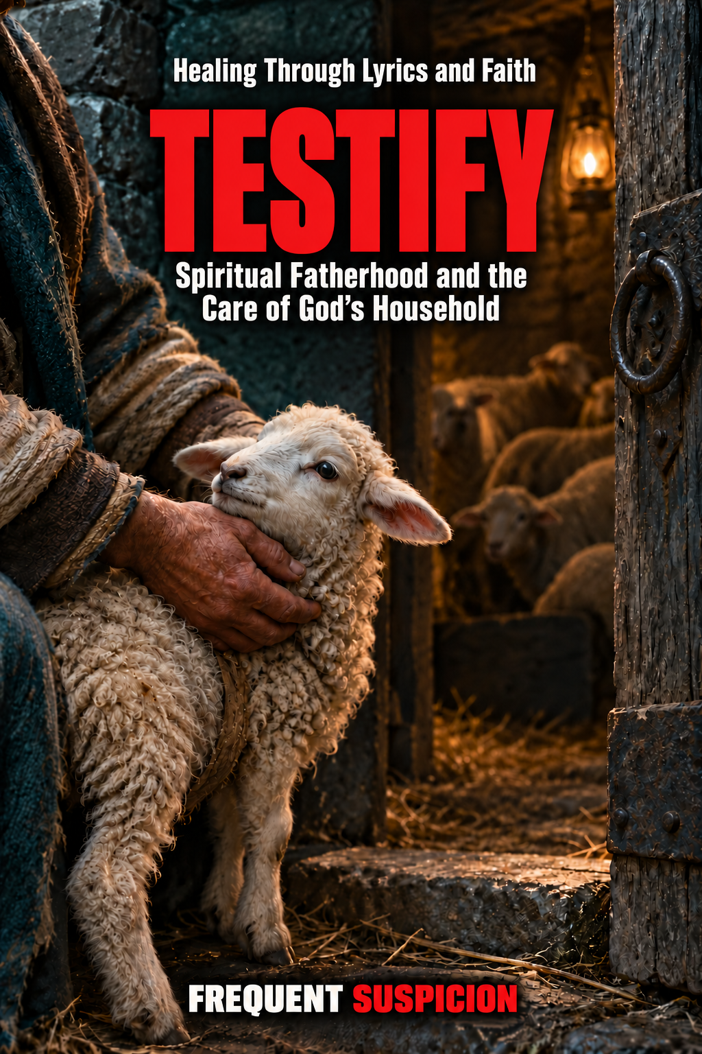 Testify. Spiritual Fatherhood and the Care of God’s Household. A shepherd holds a lamb at an open doorway, beneath the red Testify title.