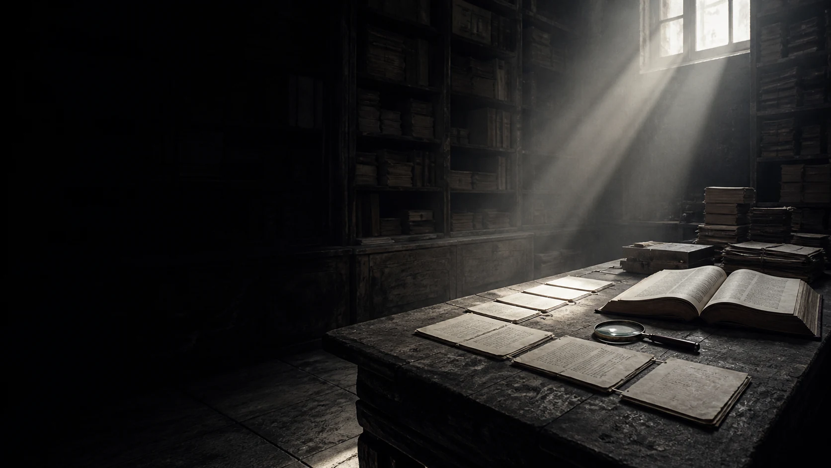 An illuminated Bible and connected archival pages on a study table inside a dark library