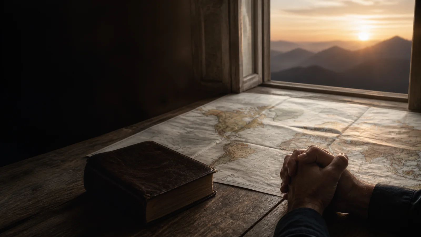Hands folded in prayer beside a Bible and a world map at dawn